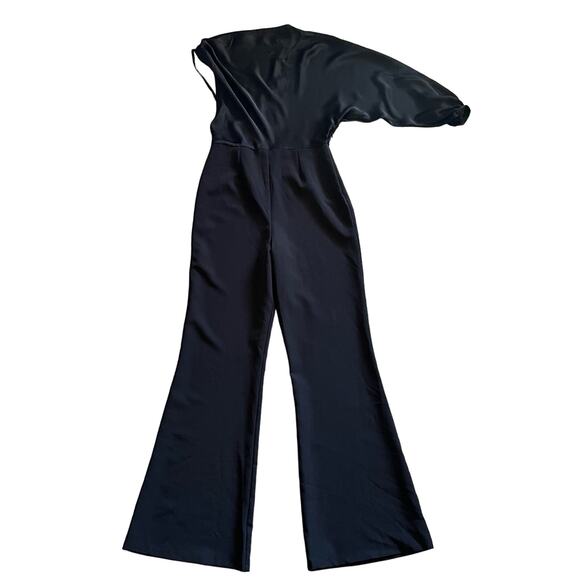 ASOS One Shoulder Jumpsuit 8 MED Black Satin Flare Cowlneck Wide Leg Going Out - Picture 1 of 11